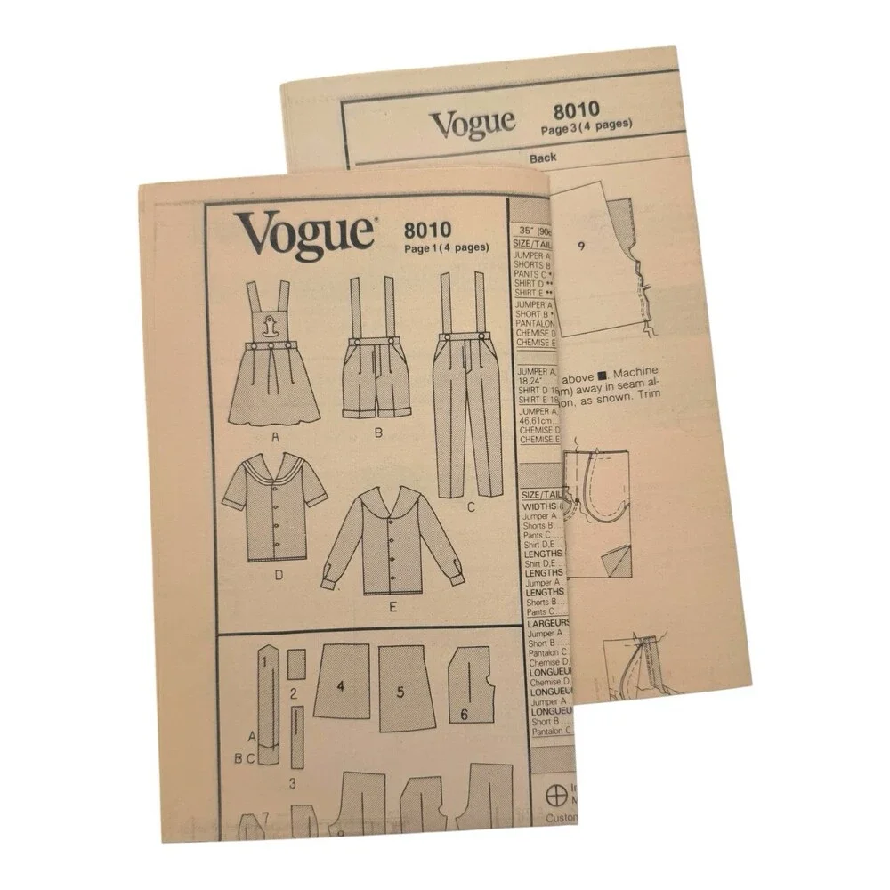 VTG 1991 Vogue Sewing Pattern Childs Jumper Shorts Pants Shirt Sz 5-6-6X #8010